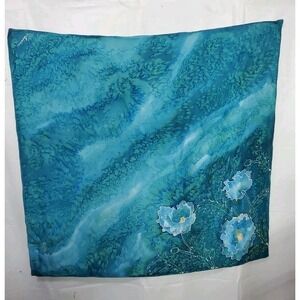 Hand Painted/Rolled Floral 100% Silk Scarf Turquoise Florals  33x35 Signed Bunny